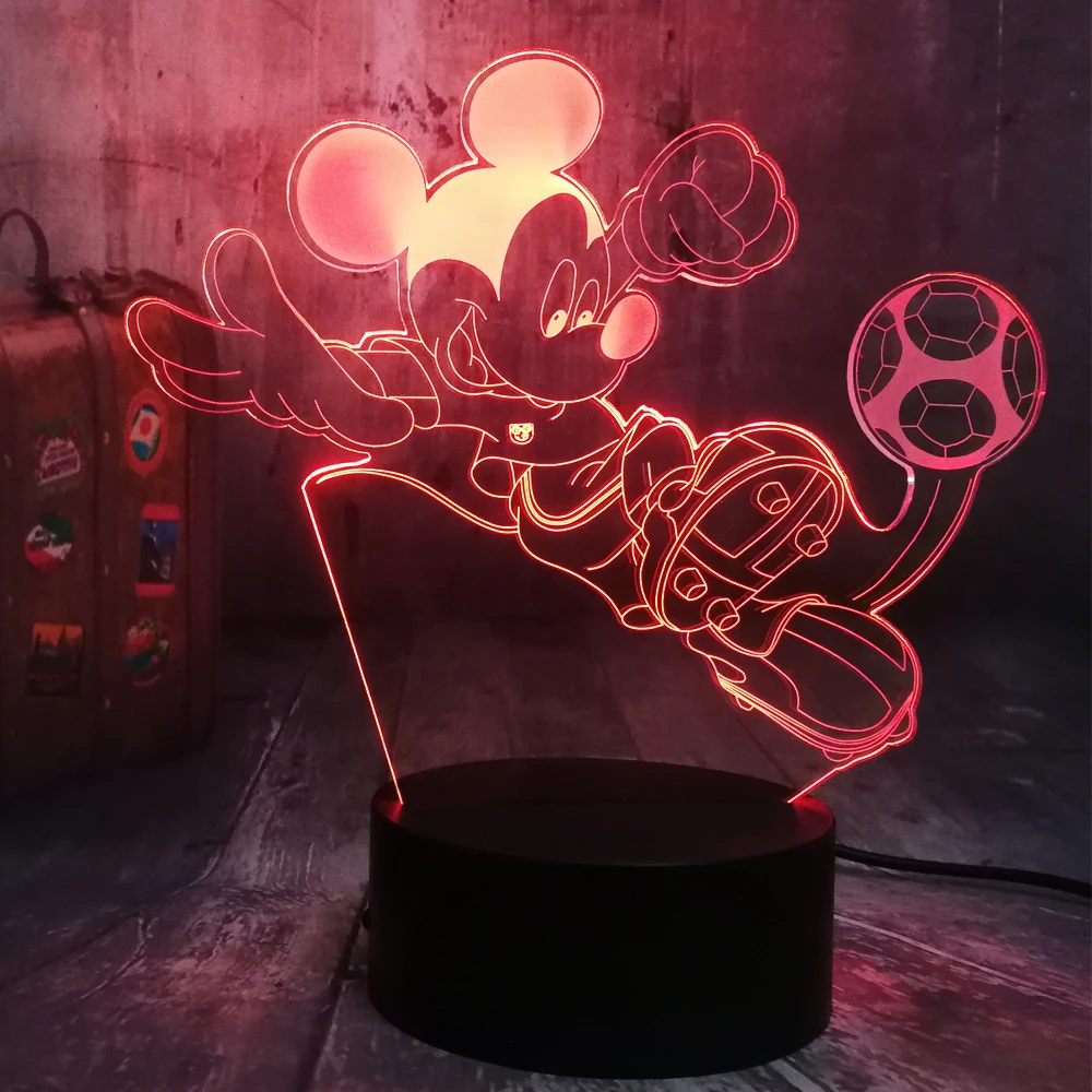 Милый Микки Маус игра в футбол 3D светодиодный ночник светильник RGB 7 цветов