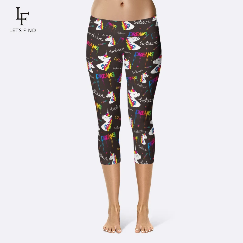 LETSFIND Fashion 3D Cartoon Unicorn Print Capri Leggings Plus Size Mid-Calf 3/4 Stretch Black Women High Waist Pants | Женская одежда