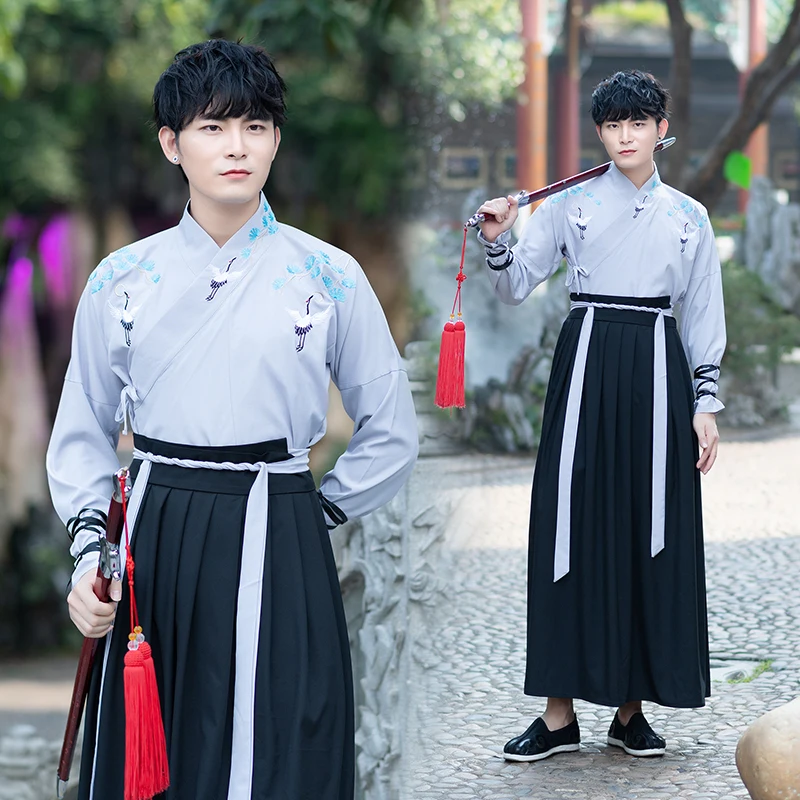 Женский и мужской костюм ханьфу винтажный китайский с вышивкой журавль