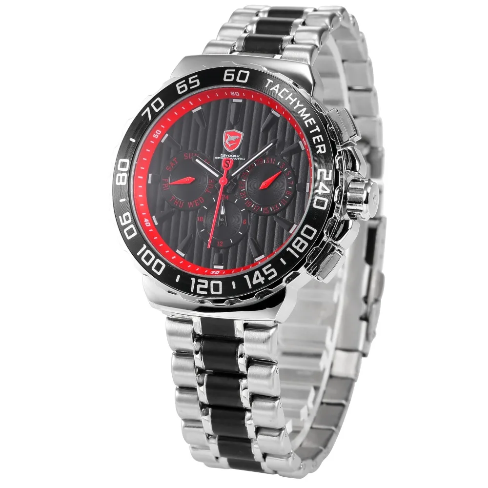 Акула Спортивные Часы Класса Люкс Relojes Нержавеющей Стали Диапазона Водонепроницаемые 6 Руки Дата День Показать мужская Часы Кварцевые Часы/SH382