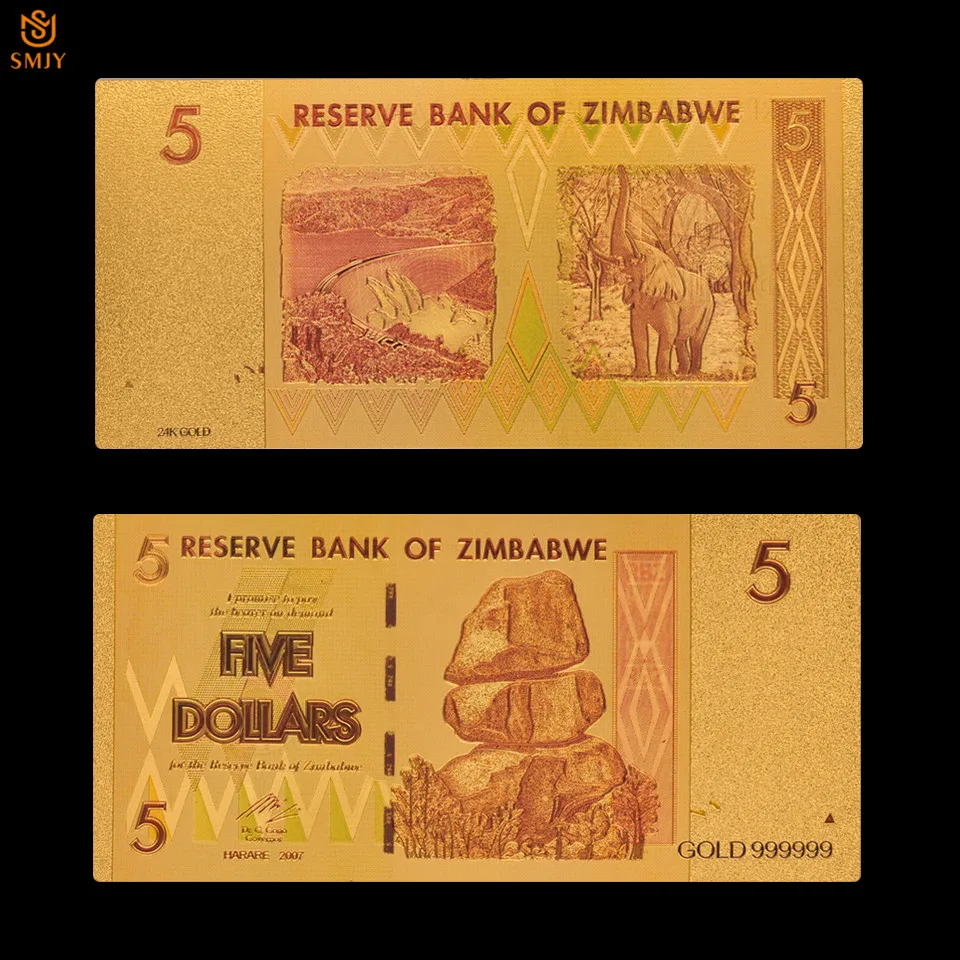 

2018 Zimbabwe Currency Multicolor 5 Dollar Gold Foil Bank Bill Gold Banknote Paper Money Collection For Gift