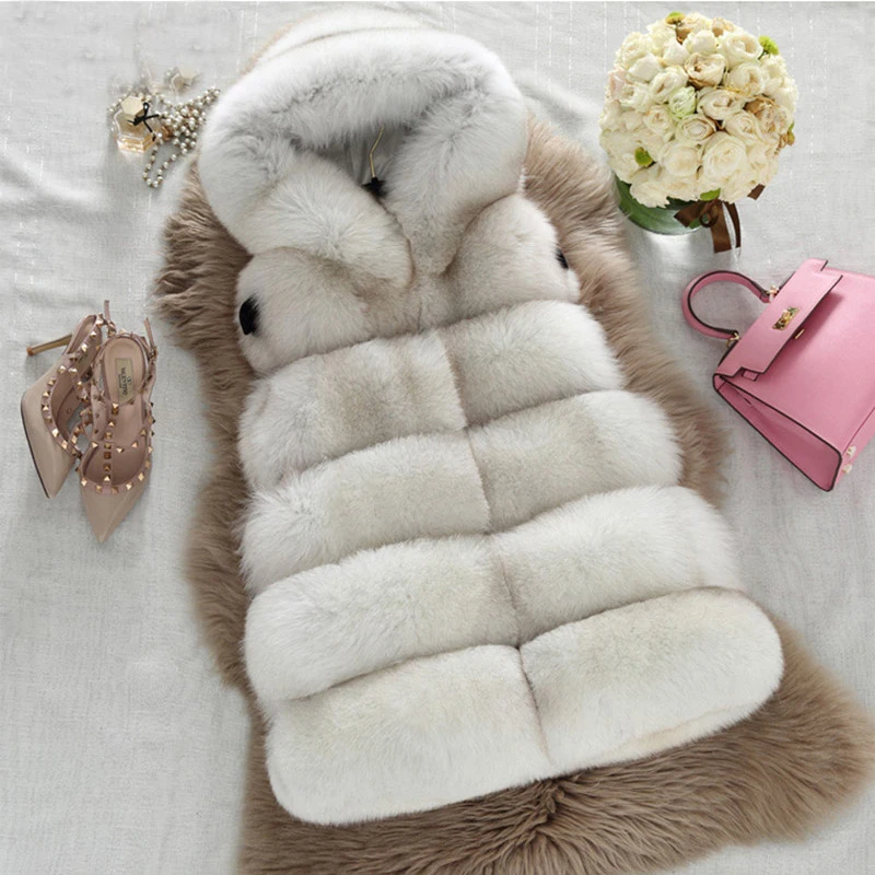 

FURSARCAR Fashion Luxury Women Real Fox Fur Vest With Hood NEW Natural Fox Fur Waistcoat Gilets Female Winter Fur Coat