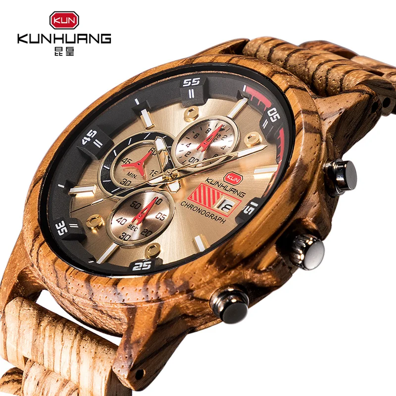 

Wooden Watch Date Display Casual Men Luxury Wood Chronograph Sport Outdoor Military Quartz Watches in Wood relogio masculino