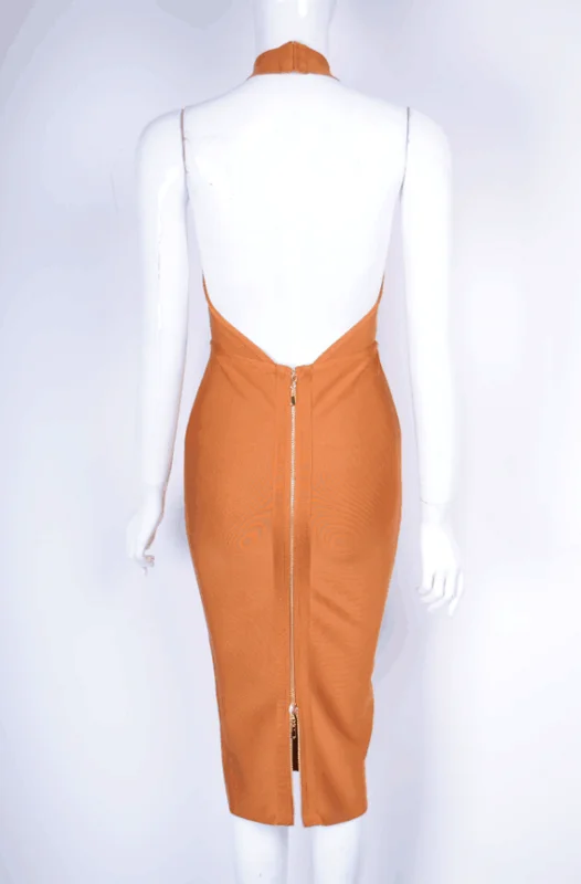 Для женщин летние пикантные Холтер по колено серый оранжевый Бандажное платье 2017