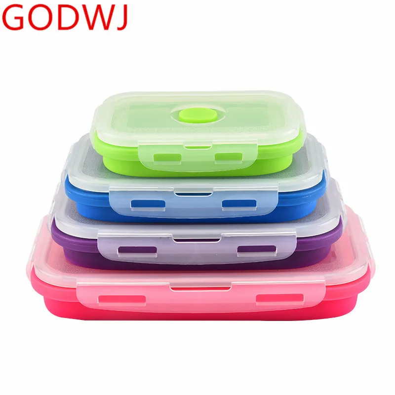 GODWJ 4 складные Microwaveable Силиконовые Ланч-бокс наборы Прямоугольник Портативный складной Bento box пищевой контейнер для столовой посуды