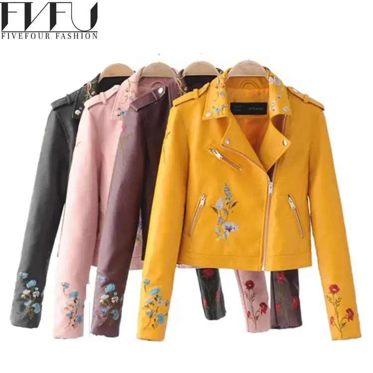 Модные осень зима 2017 Для женщин кожаная куртка Цветочный Вышивка ретро локомотив