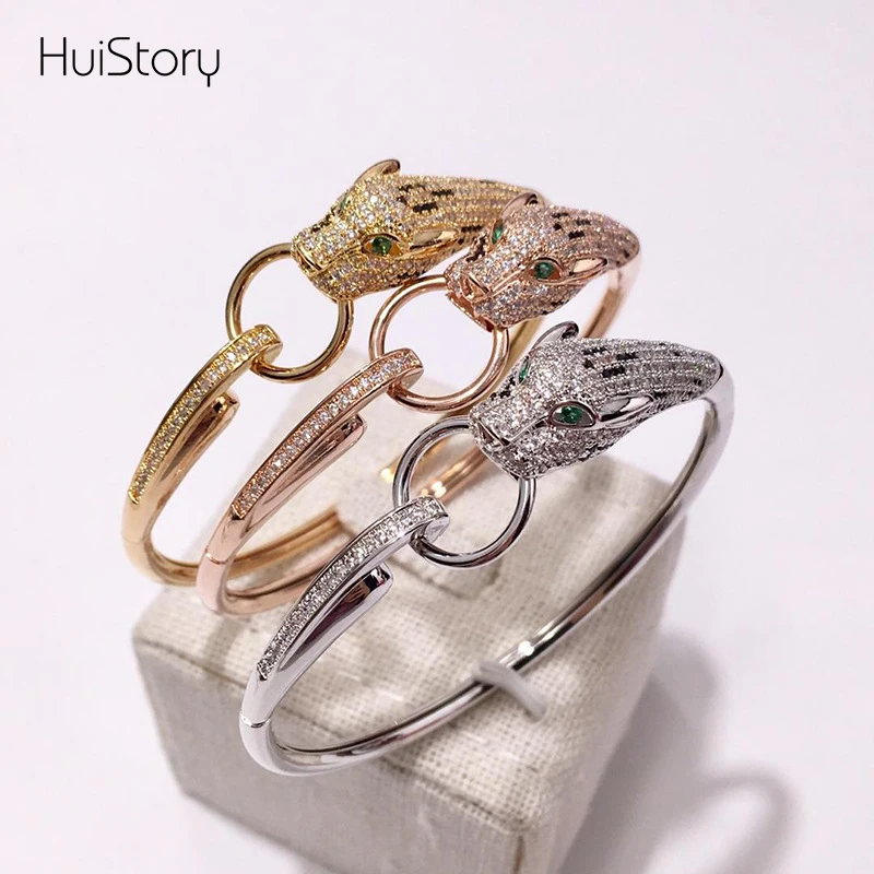 HUISTORY высокое качество Golde цвет кольцо Leopard нержавеющая сталь браслет с AAA циркон