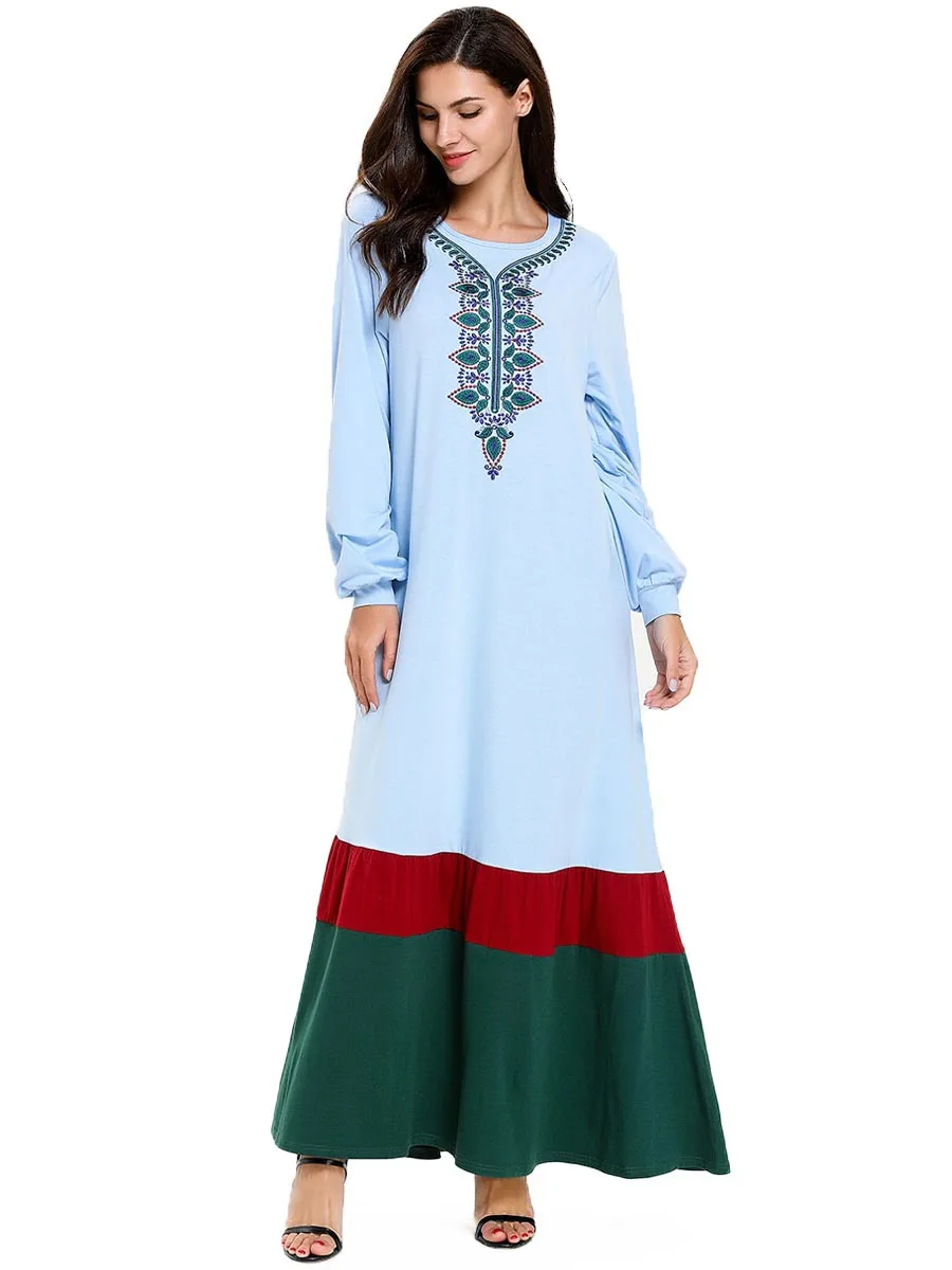 Женская одежда Дубай вышивка с длинным рукавом Пэчворк светильник-голубое