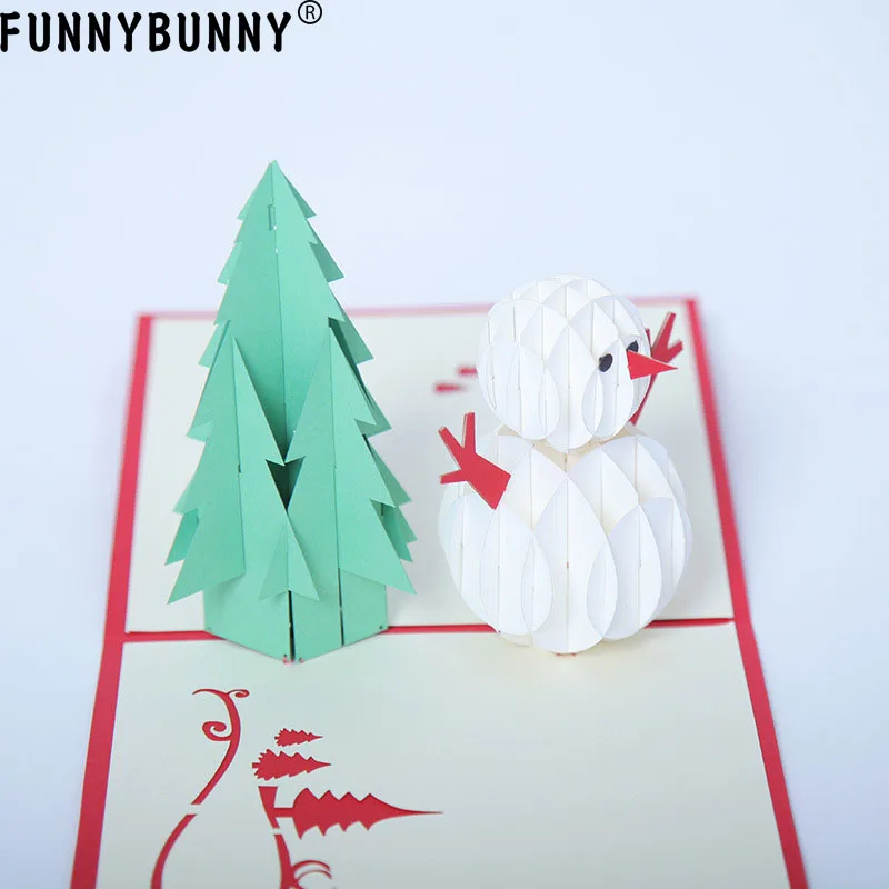 FUNNYBUNNY Handmade Hollow 3D Pop Up Snowman Tree Greeting Card Xmas Souvenir Cards Gift | Дом и сад