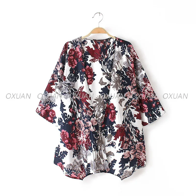 Новая мода женщин кимоно кардиган Винтаж цветок печатных блузка с бахромой Femininas