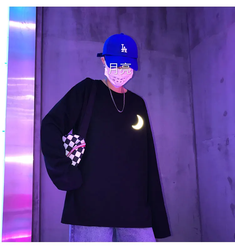 Harajuku Для женщин 3м Reflective лунный свет принт, модная футболка с круглым вырезом и длинными рукавами, в стиле «хип-хоп»; зеленый; фиолетовый; Повседневная футболка футболки гриппов Размеры