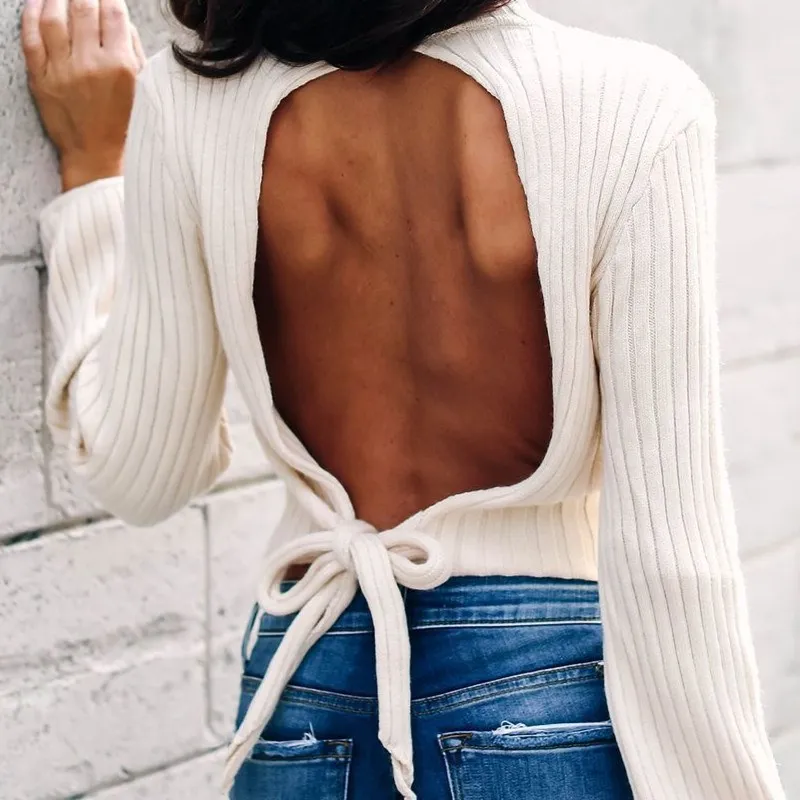 2019 New Sexy Backless Bow Turtleneck Short Sweater Women Long Sleeve Pullovers Female Knitted Tops | Женская одежда
