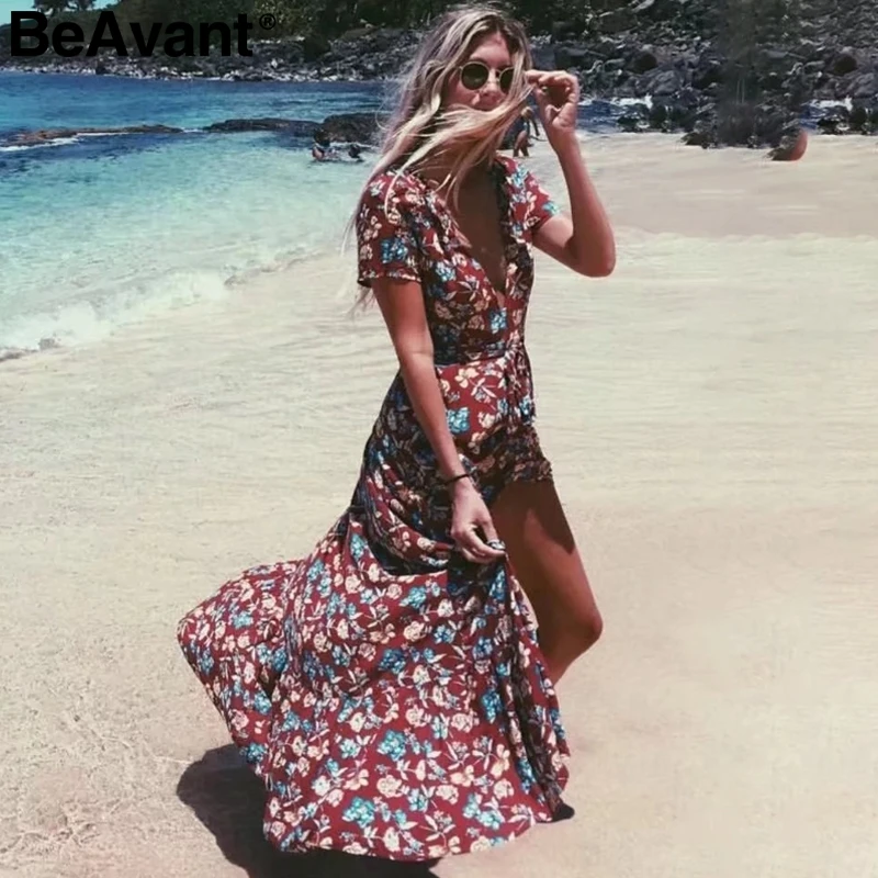 BeAvant Sexy v шеи высокого летнее платье с разрезом от бедра Для женщин цветочным