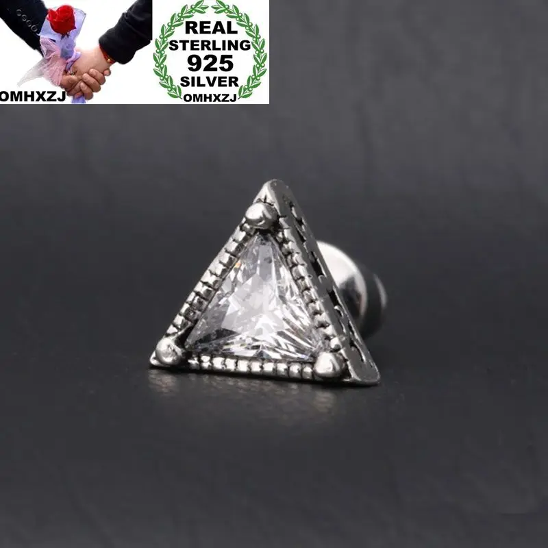 

OMHXZJ Wholesale European Fashion Man Party Wedding Gift Triangle Three Colors Zircon S925 Sterling Silver Stud Earrings EA141