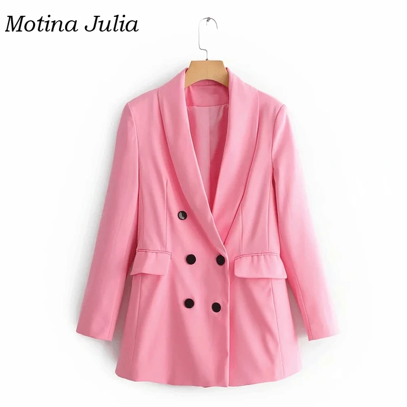 Розовый Motina Julia, крутой розовый двубортный пиджак, верхняя одежда, куртки для женщин, уличная одежда, трендовые блейзеры, топы для женщин - Цвет: Розовый