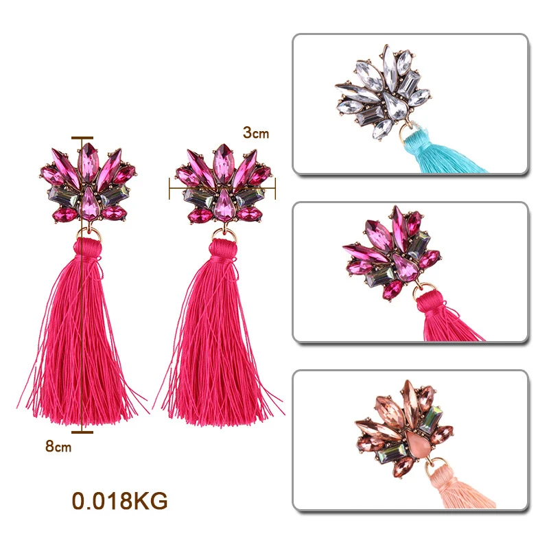 Женские серьги с кисточками в стиле бохо длинные висячие кристаллами и цветком