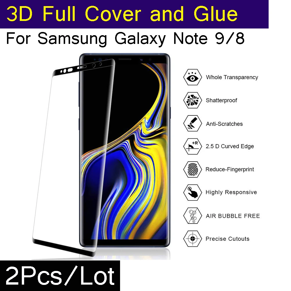 2 шт./лот 3D полный охват клей для samsung Galaxy Note 9 Note8 8 Note9 закаленное Стекло Экран