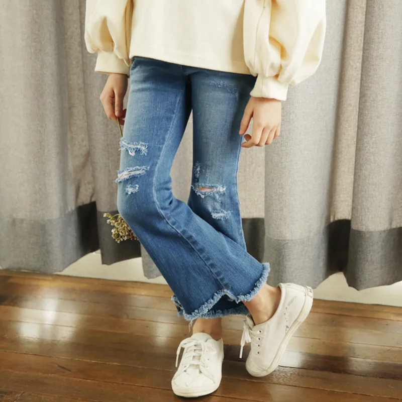

2019 Children Jeans Kids Broken Hole Denim Pants Korean Girl's Slim Bottoms Elastic Waist Tight-fitting Jeans for 4-15years