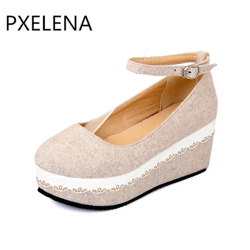 PXELENA 2018 женские милые коллегированные Туфли Мэри Джейн с пряжкой и ремешком на