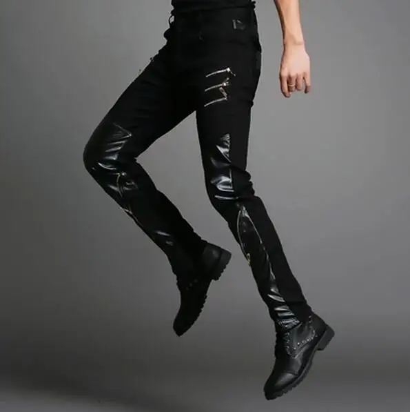 Мужские брюки 2018 модные трендовые мужские облегающие мотоциклетные кожаные на