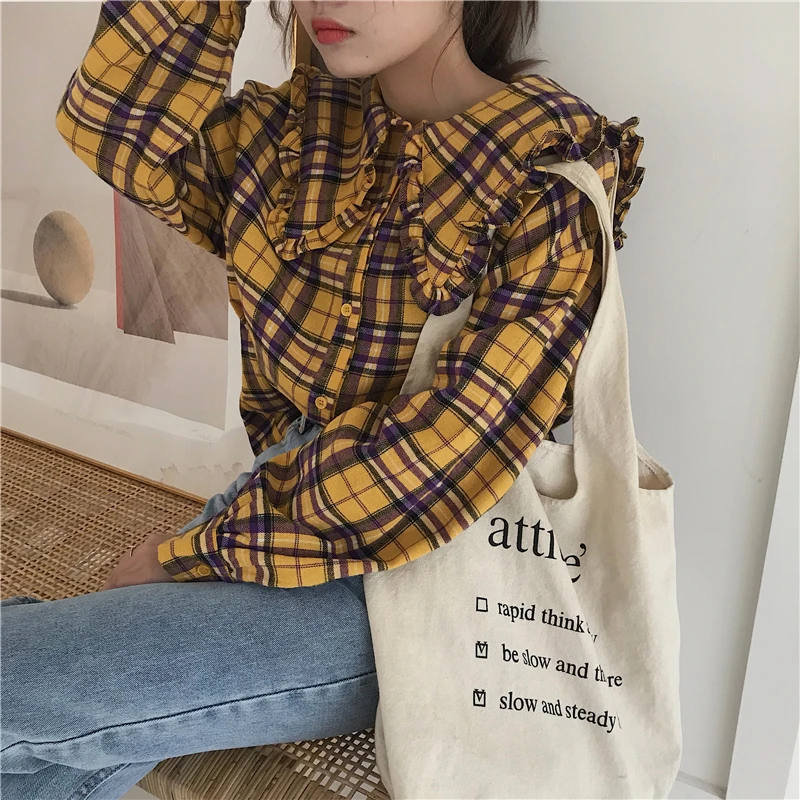 Для женщин рубашки Kawaii для девочек Ulzzang бабочка в клетку рубашка с длинными