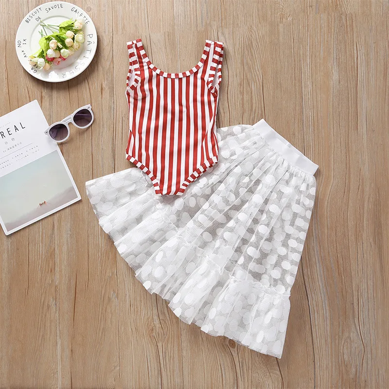 

2Pcs 1T-4T Kids Baby Girl Set Lace Fashion Summer Princess Clothes Set Infants Kids Straped Bodysuit Tops+White Lace Dress