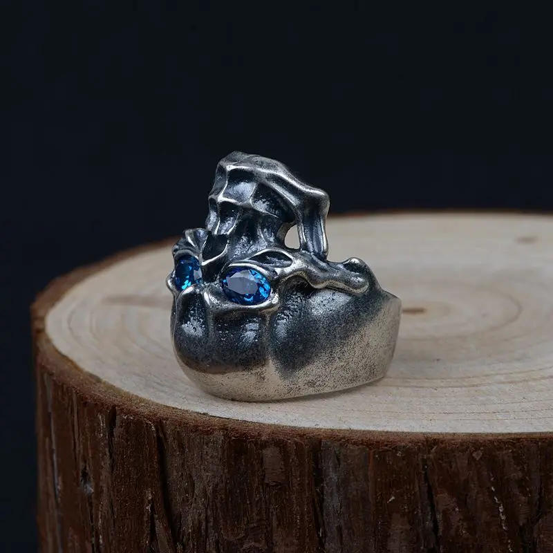 Черное кольцо FNJ с черепом, 925 серебро, Anillos, новая мода, голубой циркон, S925 Стерлинговое Серебро, кольца для мужчин, ювелирное изделие, регулируемый размер, bague