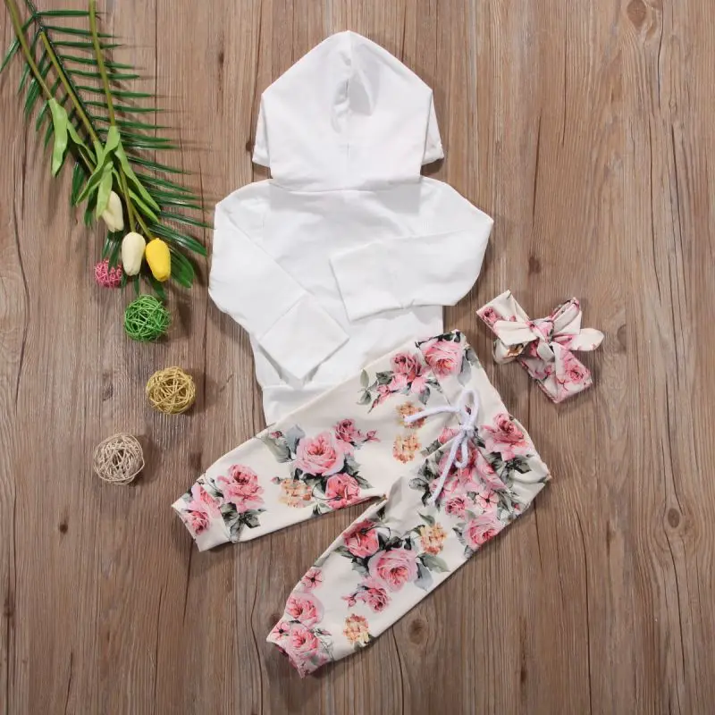 

Brand New Toddler Infant Newborn Baby Girls Floral Outfit Clothes Tracksuit Hooded Tops+Leggings Pants Headband 3Pcs Set 0-24M