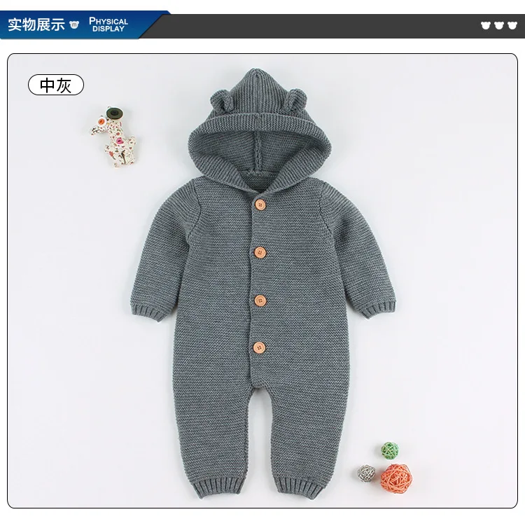 Infants Baby Winter Hooded Sweater Romper Newborn Fur Collar Knitted Cardigan Baby Boys Girls Christmas Jumpsuit Clothes