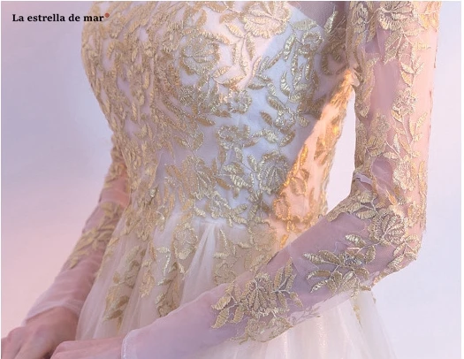 

Vestido madrinha new tulle embroidery Scoop long sleeves ALine champagne gold bridesmaid dress long wedding guest gown