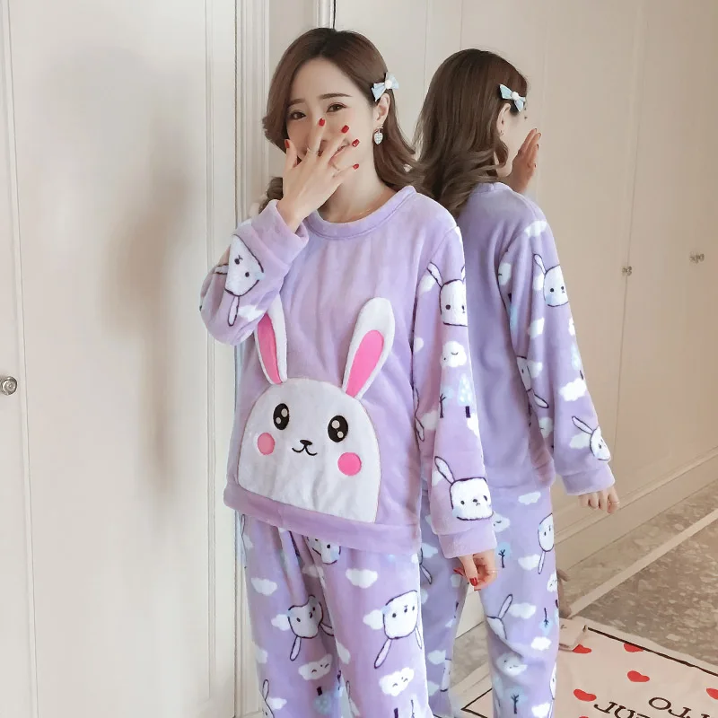 Женские милые пижамы, Осень-зима, фланелевые, Kawaii Rabbit, Корейская Пижама, Ночная одежда, ночное белье, nuisette femme de nuit, пижамы