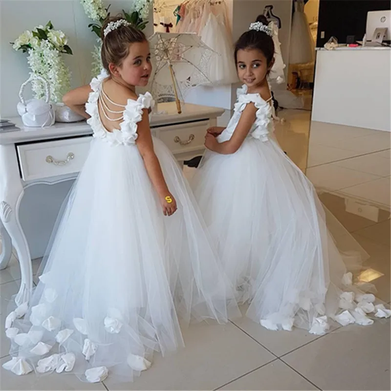 

Vintage Flower Girl Dresses For Weddings Blus white Custom Made Princess Tutu Sequined Appliqued Lace Bow Kids First Communion G