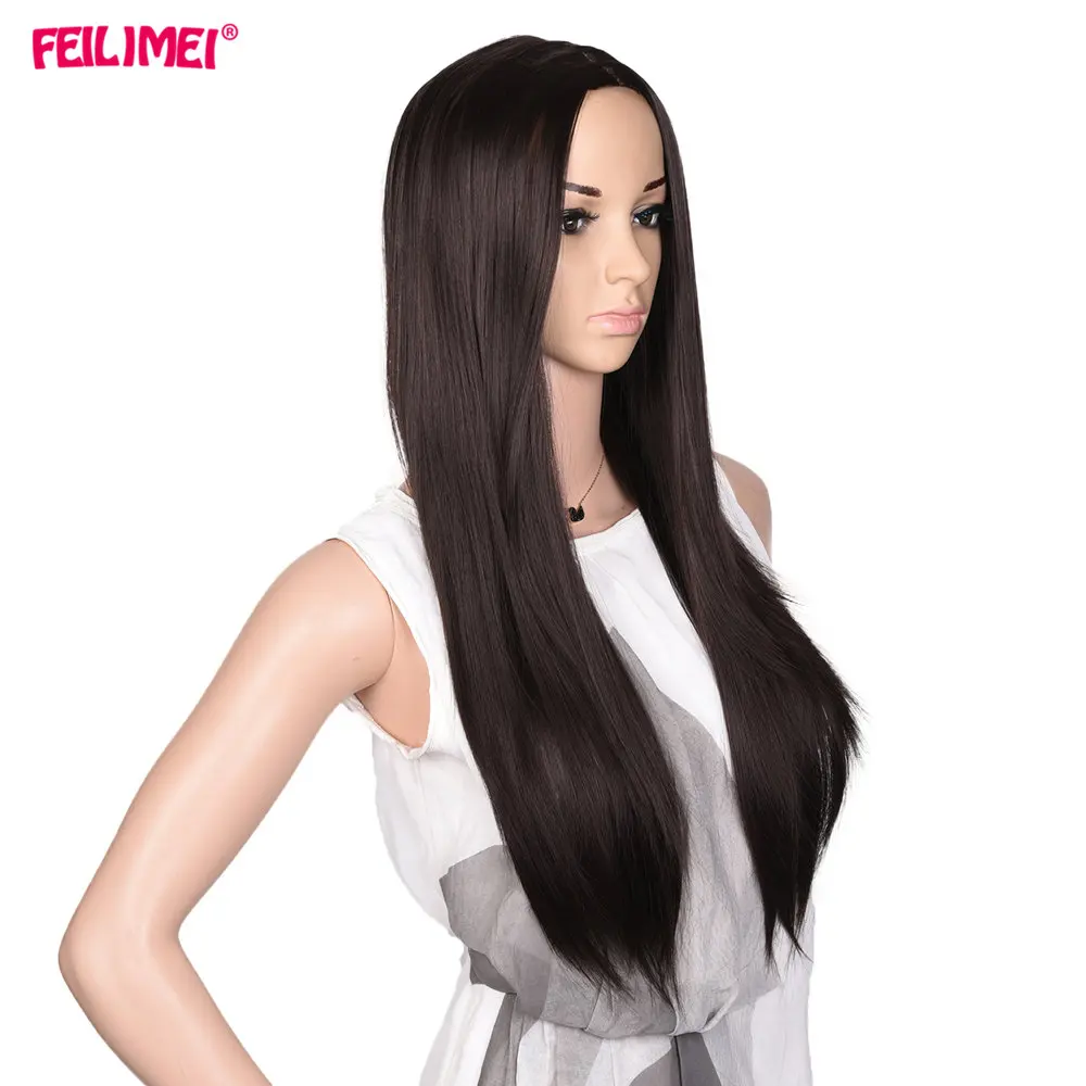 

Feilimei Synthetic Long Straight Black Wig 280g 60cm Heat Resistant Hair Extensions Middle Part Ombre Colored Cosplay Wigs