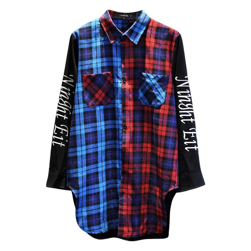 Red-Blue Plaid Высокая уличная Печать Цветные Лоскутные мужские рубашки средней длины хип хоп осенние Стильные повседневные мужские клетчатые рубашки с длинным рукавом верхняя одежда - Цвет: Red-Blue Plaid