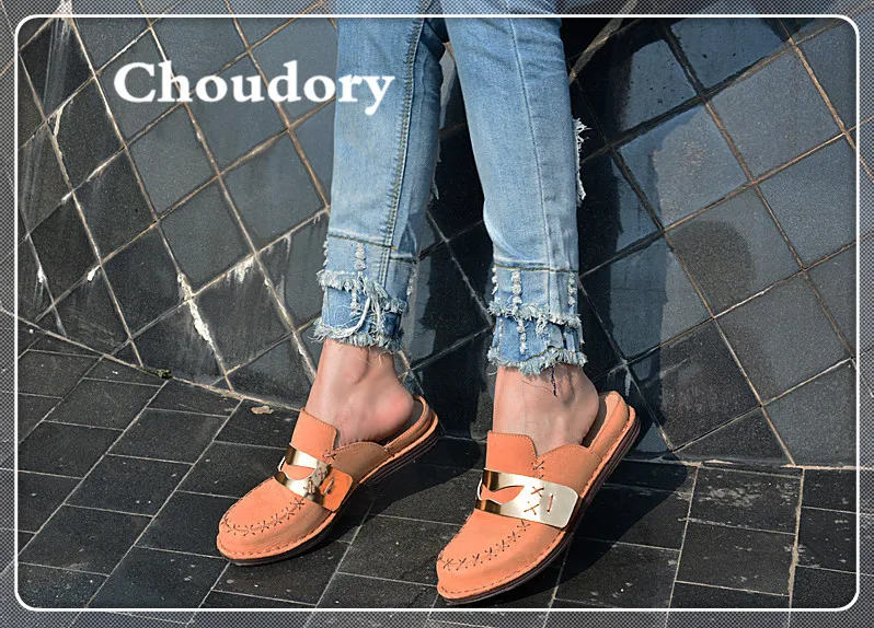 Choudory Моды Натуральная Кожа Летние Тапочки Женщин Круглого Toe Рим Гладиатор