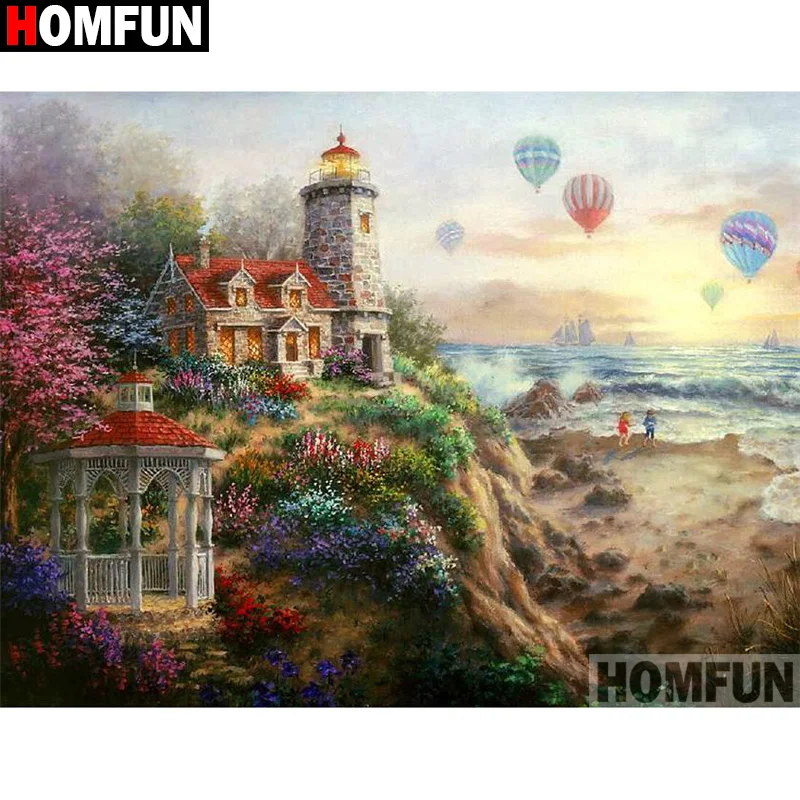 HOMFUN &quotмаяк пейзаж&quot Сделай сам алмазная живопись 5D камни в форме ромба Круглый