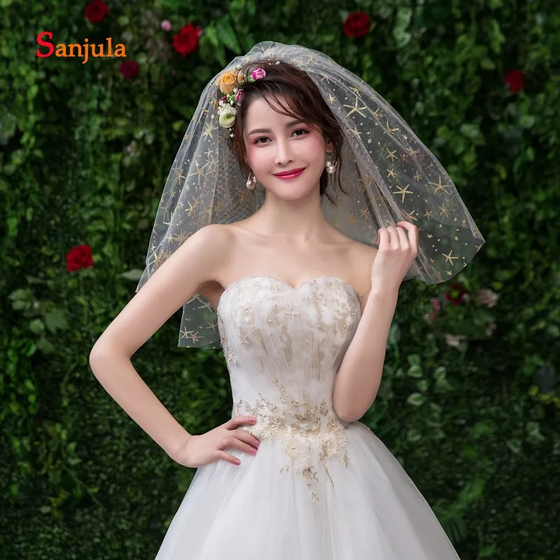 4 слоя Золотой морской звезды свадебная вуаль с черным твердым тюлем короткая