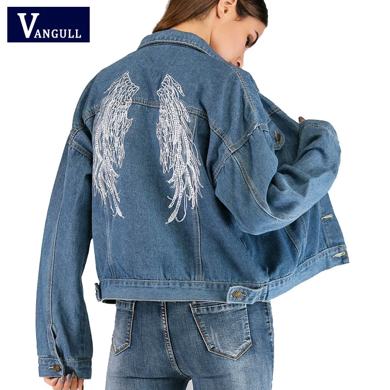 blue Vangull куртка с вышивкой на спине, новинка, весеннее Синее джинсовое пальто, женские повседневные куртки, осенняя куртка на молнии с длинным рукавом и отворотом - Цвет: blue