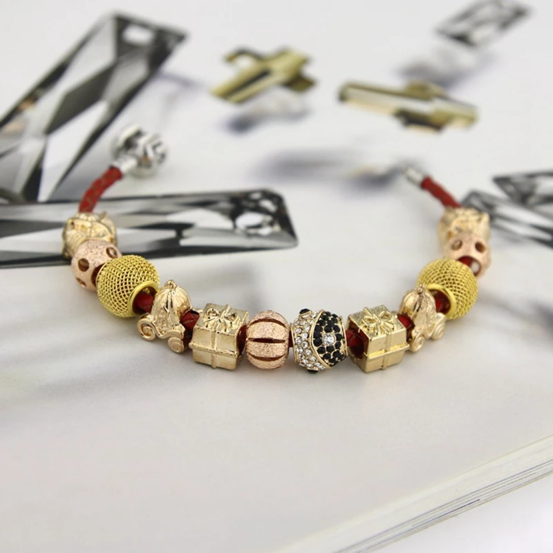 National Red Leather Rope Luxury Gold-color Beads Women Charm Bracelets Mother's Day Gift | Украшения и аксессуары