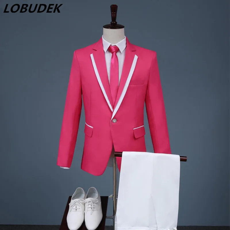 

Men Pink Wedding Groom Dress Fashion Slim Blazers Suit Singer Host Stage Costume Spring Summer Tuxedo Chorus Performance Suits