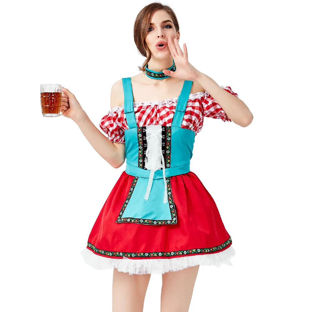 

Sexy Oktoberfest Beer Girl Costume Maid Wench Germany Bavarian Short Sleeve Fancy Dress Dirndl For Adult Women Cosplay