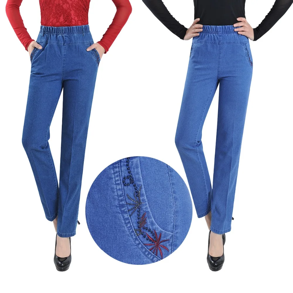 

Summer Style thin material women's casual jeans high waist straight pants elastic female ankle length trousers