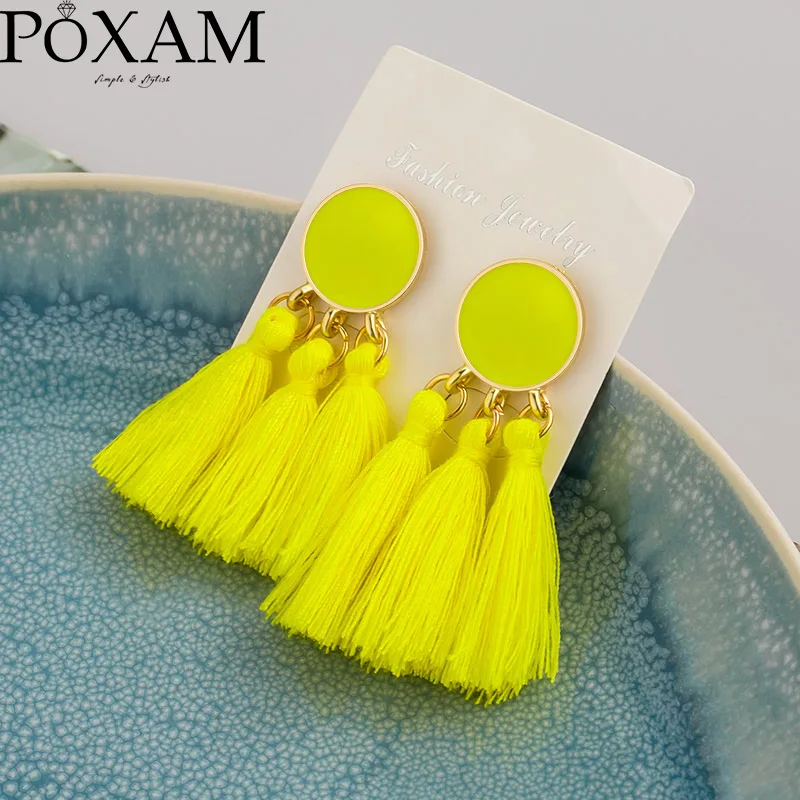 Yellow Модные сережки с кисточками Boho для женщин, массивные винтажные этнические ручные серьги из хлопчатобумажной ткани с бахромой, женские свадебные украшения - Окраска металла: Yellow