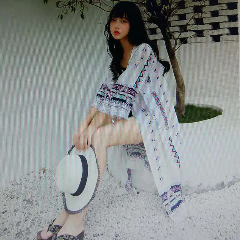 Boho/шифоновые рубашки кардиган с защитой от солнца длинная шаль бахромой куртка