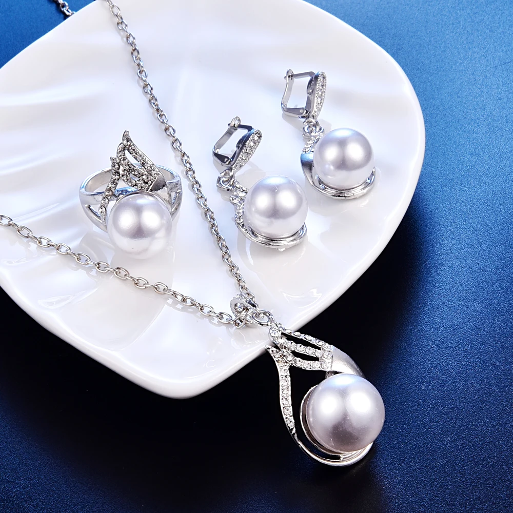 Fashion Bridal Pearl Jewelry Sets For Women Silver Color Full Rhinestone Crystal Water Drop Pendant Necklace Earrings Ring Set | Украшения