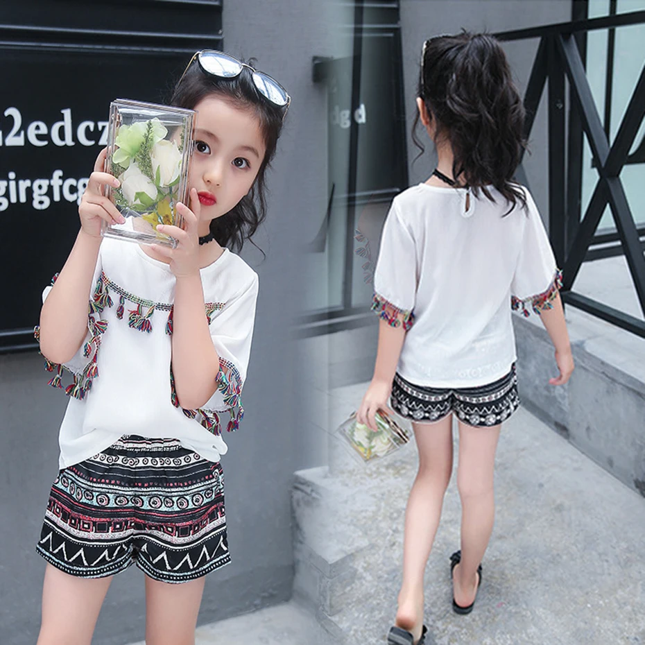 

Children's Summer Clothing Fashion Girls Clothing Tassels Chiffon Shirt+Print Shorts 2 Pcs Teen Girl Clothes For 3 4 6 8 10 12