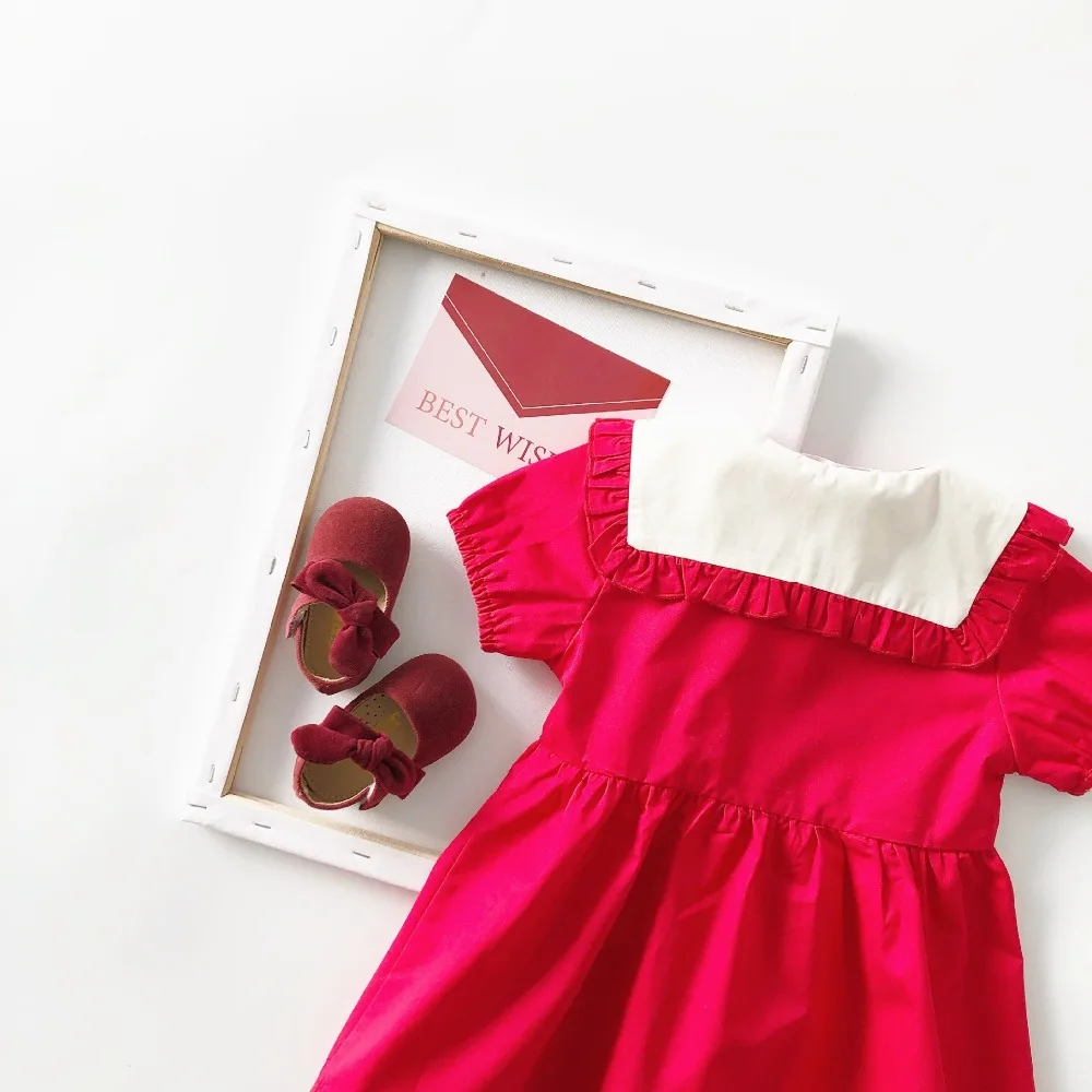 Summer Cherry Embroidery Baby Girls Princess Dress Cotton Sailor Collar Toddler Kids Red Dreses Clothes | Детская одежда и обувь
