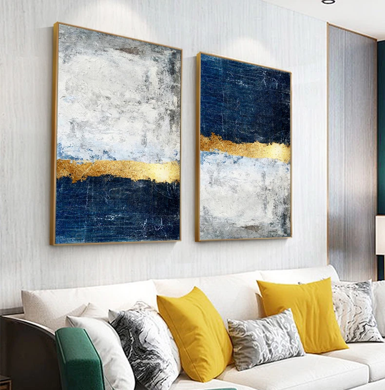 Абстрактная Золотая фольга блок живопись синий плакат печать Современная Золотая стена искусство картина для гостиной темно-синий декор большой размер