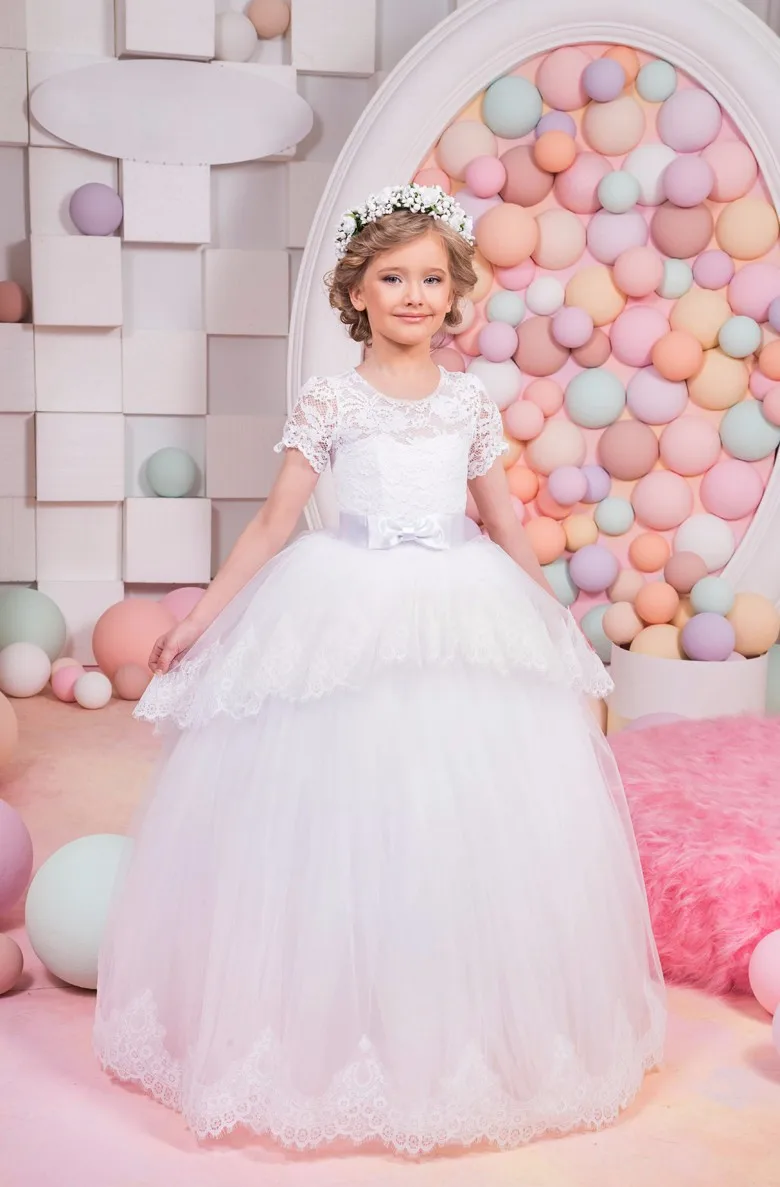 2018 Romantic White Lace Flower Girl Dress for Weddings Bow Belts Party First Communion Tulle Pageant Gown | Детская одежда и