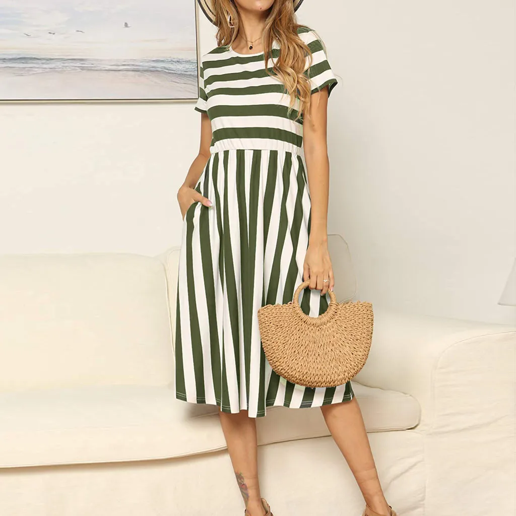 Женское платье из хлопка и льна летнее в полоску без рукавов повседневное